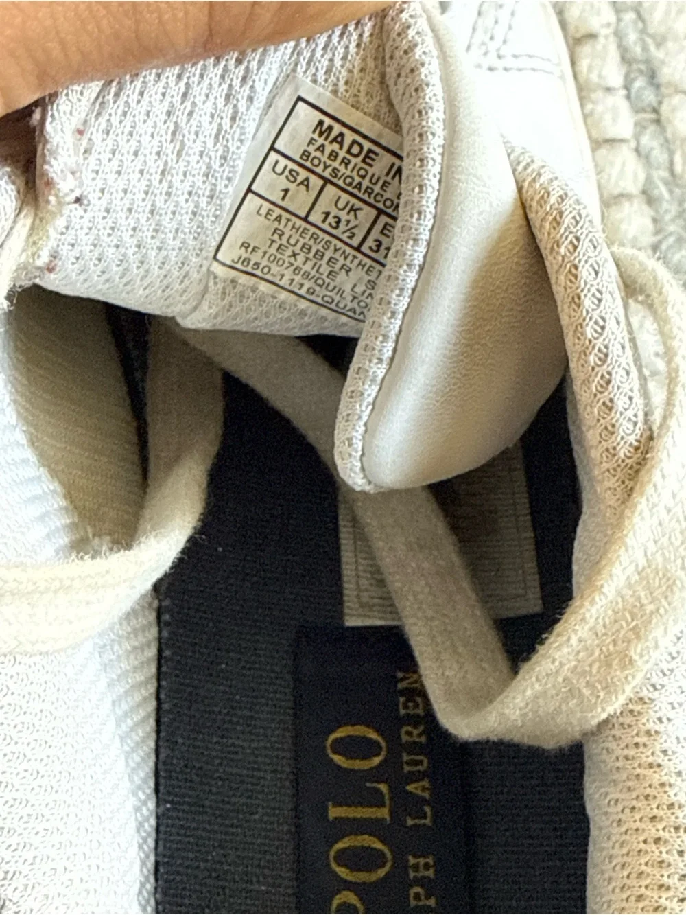 Ralph Lauren Kids White Sneakers with Blue Side Stripe and Bear Patch